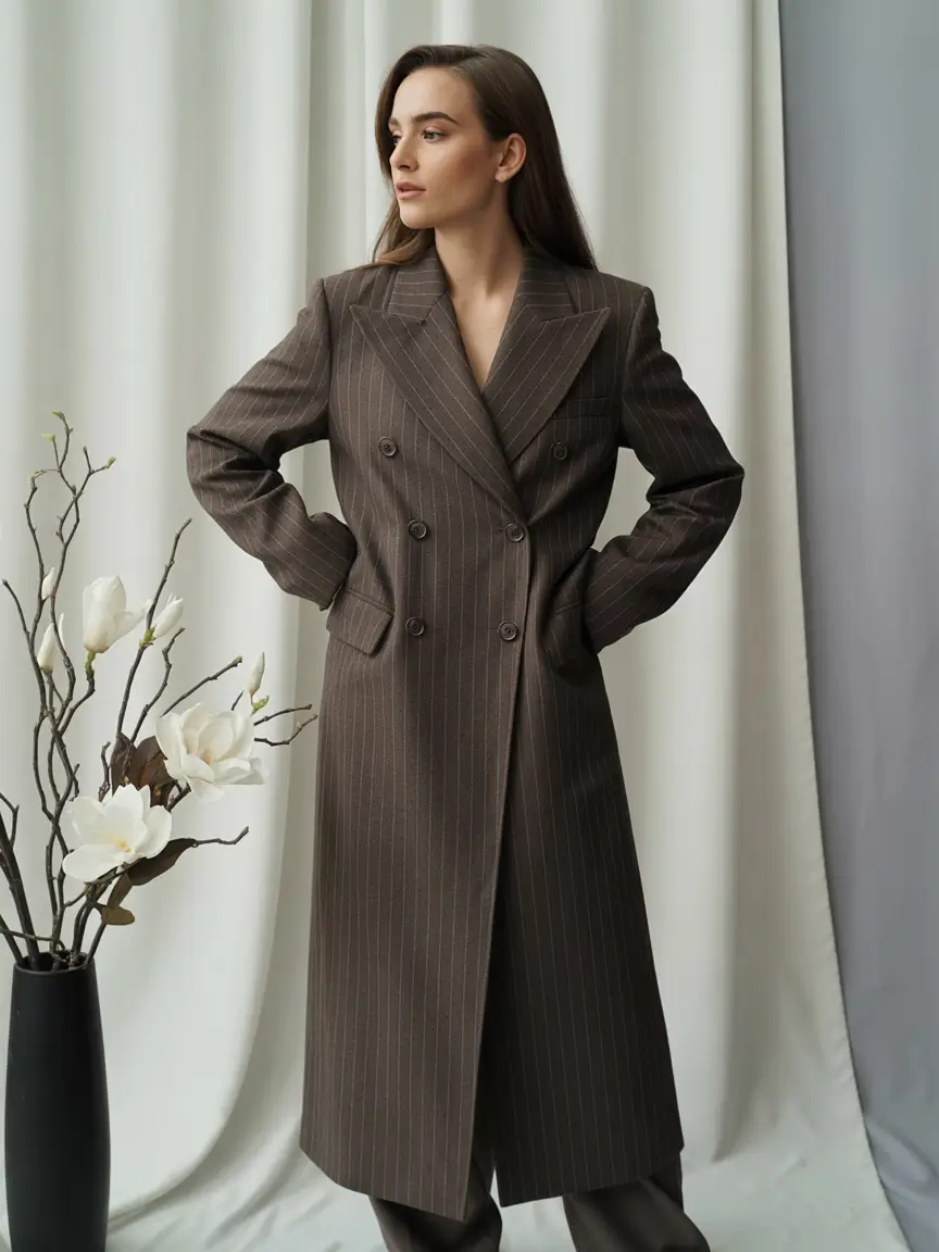 winter office outfits women 2025 Pinstripe Longline Elegance