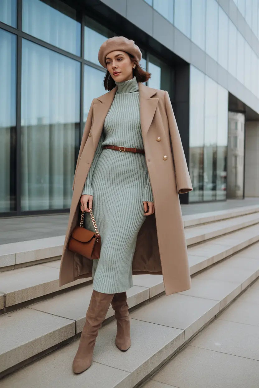 winter office outfits women 2025 Pastel Knit Dress with Camel Coat