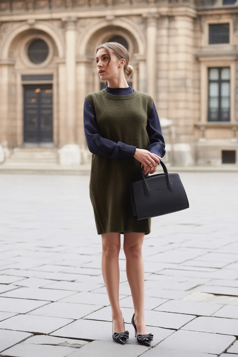 winter office outfits women 2025 Olive Shift Dress with Navy Layers