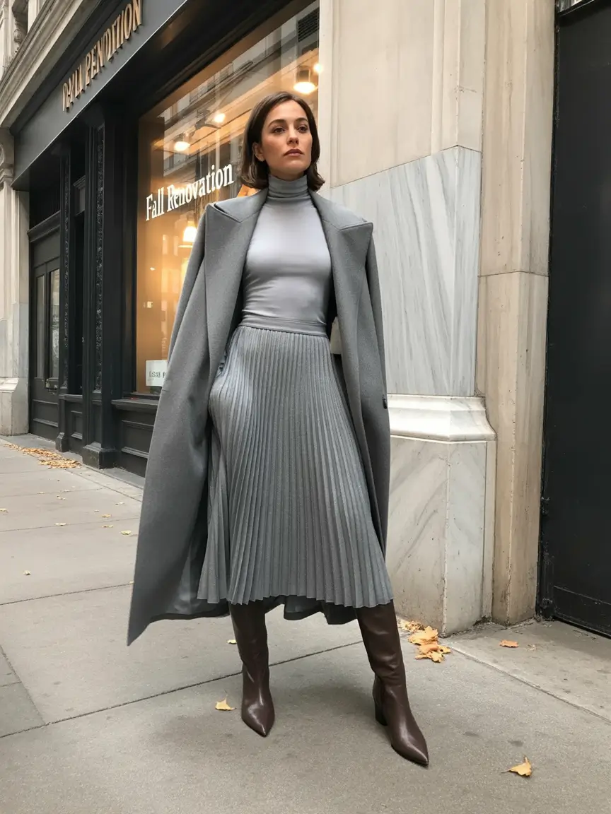 winter office outfits women 2025 Monochrome Grey with Pleated Skirt