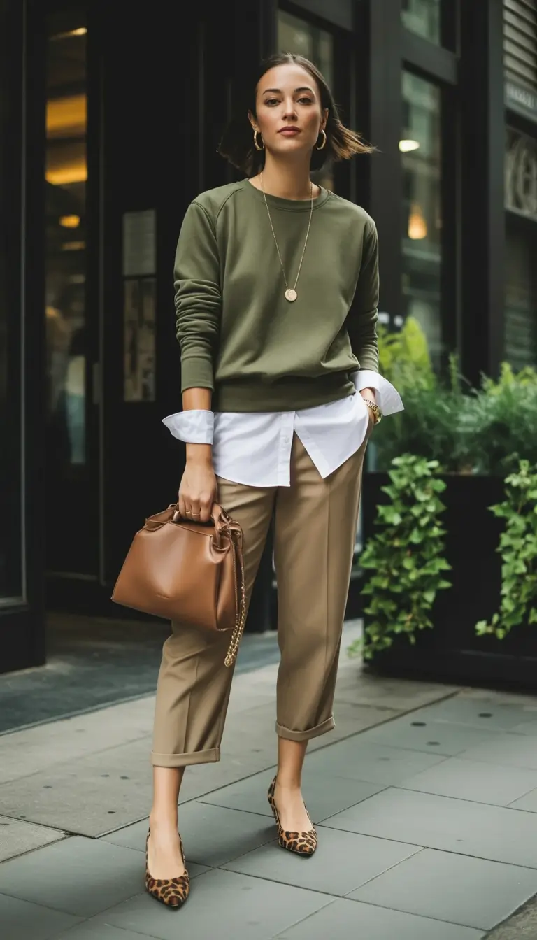 winter office outfits women 2025 Layered Olive Green and Khaki