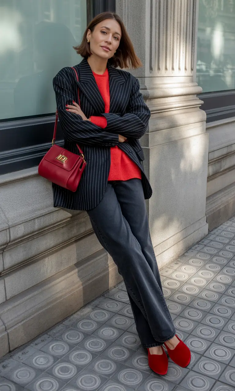 winter office outfits women 2025 Pinstripes with a Pop of Red