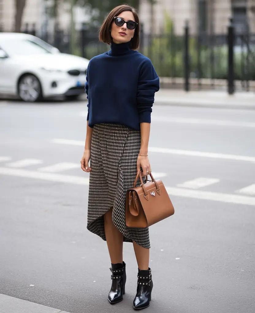 winter office outfits women 2025 Navy Turtleneck with Houndstooth Skirt