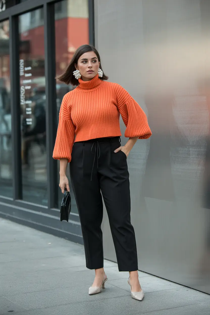winter office outfits women 2025 Bright Orange Knit with Black Trousers