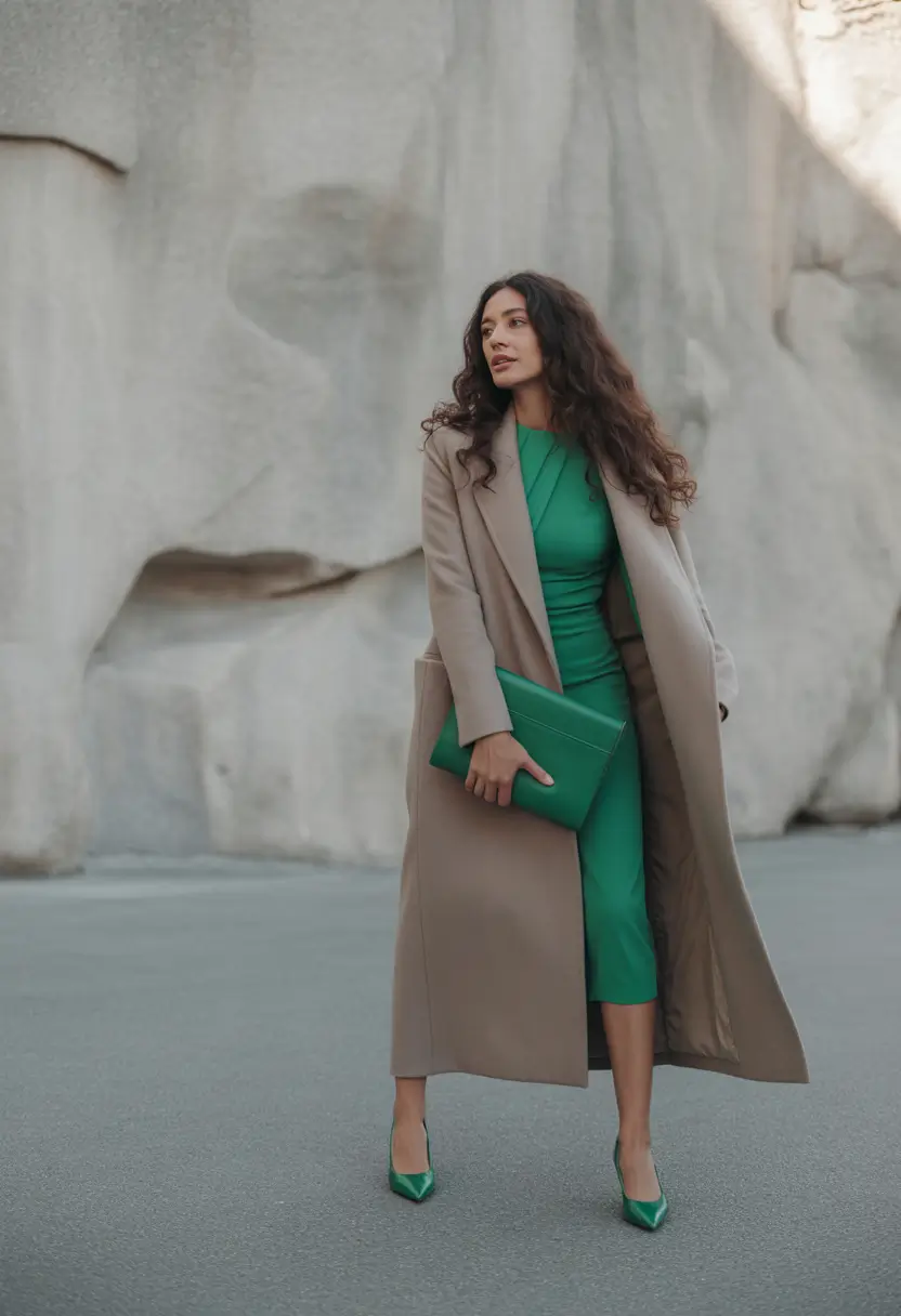 winter office outfits women 2025 Emerald Elegance with a Long Coat