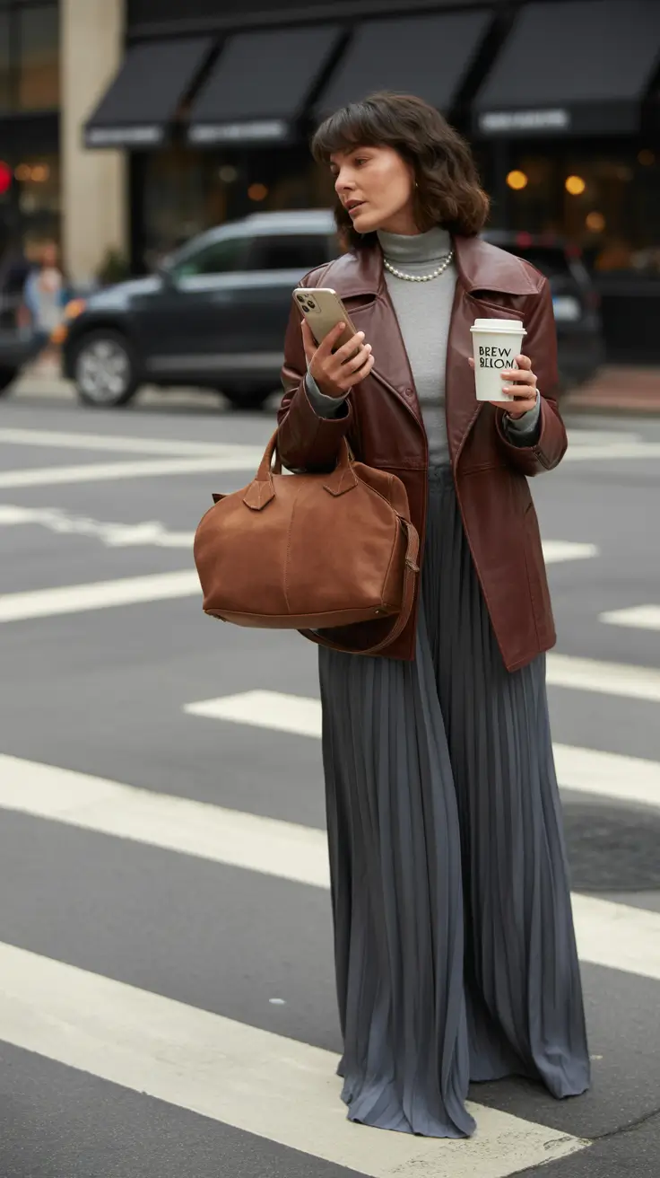 winter office outfits women 2025 Leather Jacket with Pleated Grey Skirt