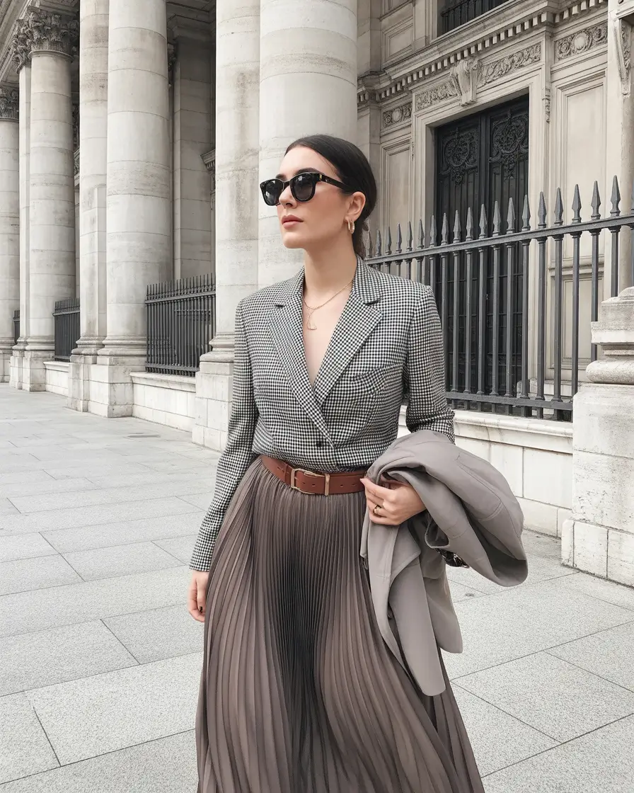 winter office outfits women 2025 Checked Blazer with Pleated Skirt