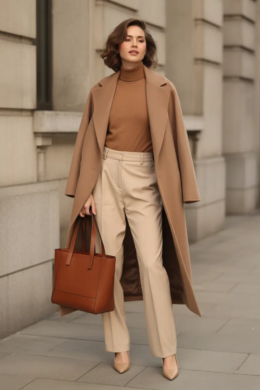 winter office outfits women 2025 Monochrome Camel Layers