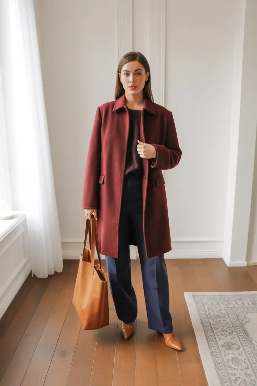 winter office outfits women 2025 Burgundy Coat and Minimalist Layers