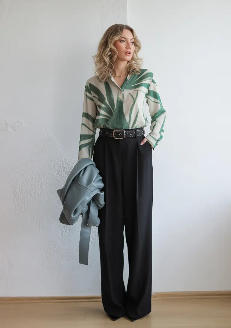 winter office outfits women 2025 Statement Blouse with Tailored Black Pants