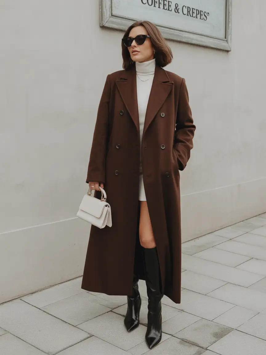 winter office outfits women 2025 Chocolate Coat and Sleek White Layers
