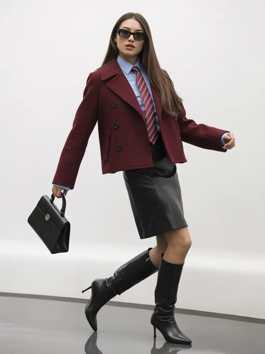 winter office outfits women 2025 Structured Burgundy with Leather Skirt