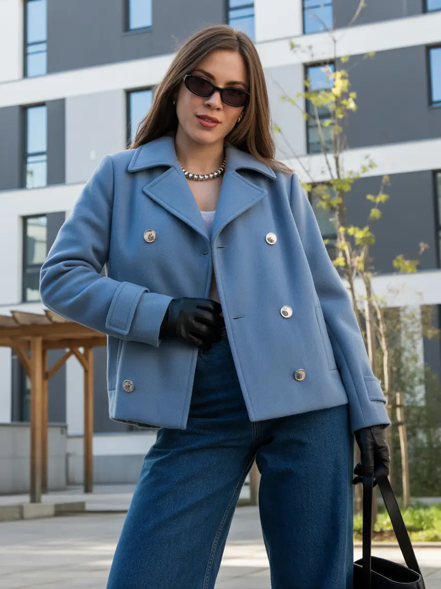winter office outfits women 2025 Powder Blue Jacket with Denim