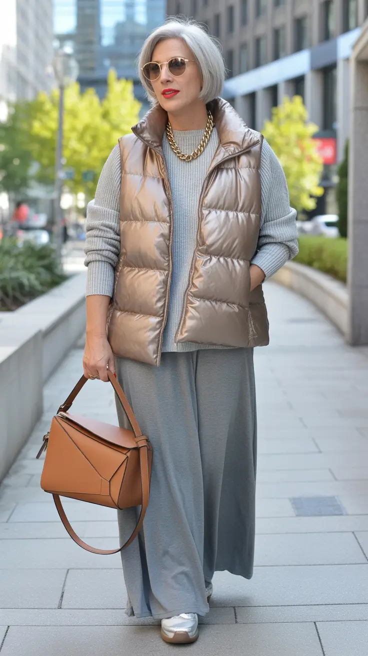 winter outfits for women over 40 ideas 2025 - 2026 Warm Metallic Shine Meets Everyday Comfort