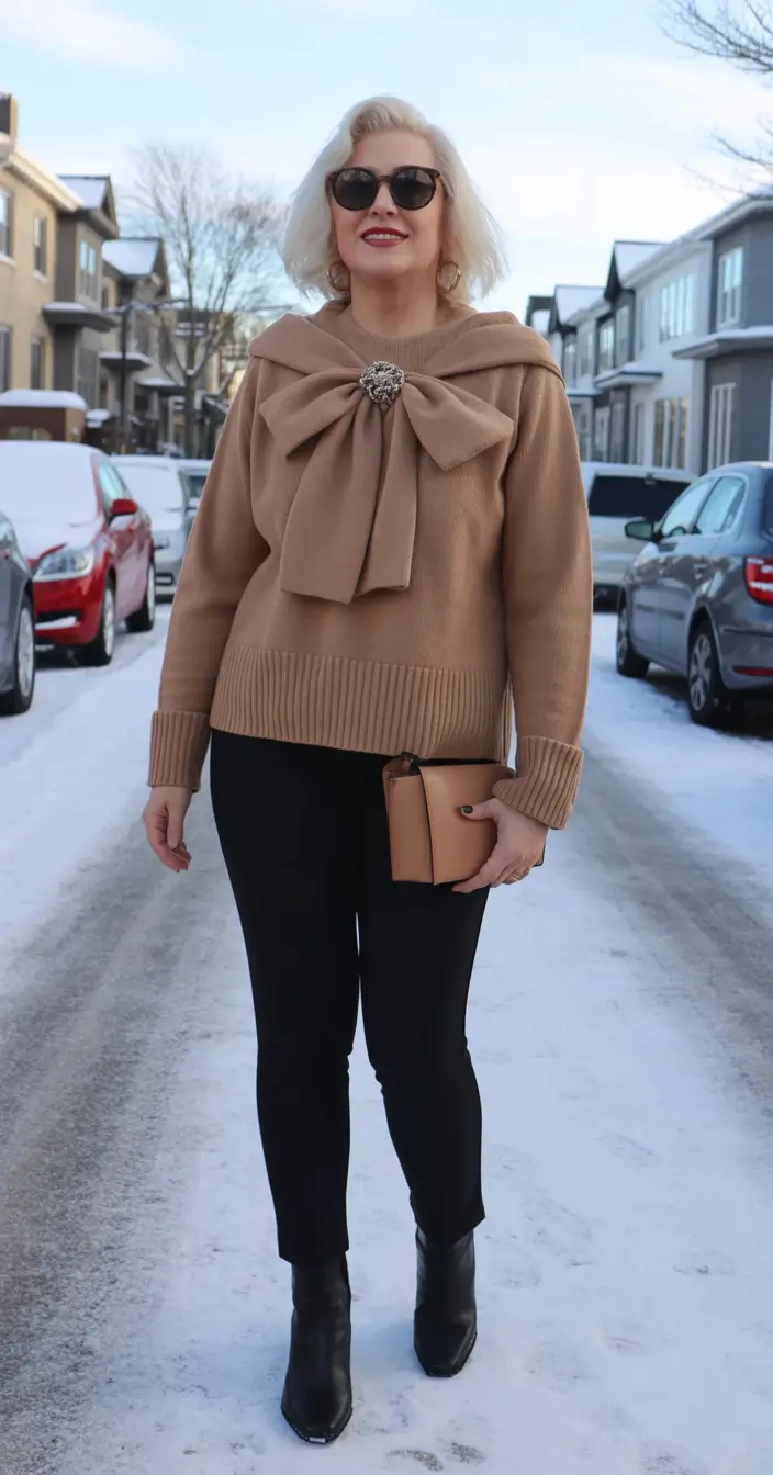 winter outfits for women over 40 ideas 2025 - 2026 Statement Sweater With a Feminine Bow