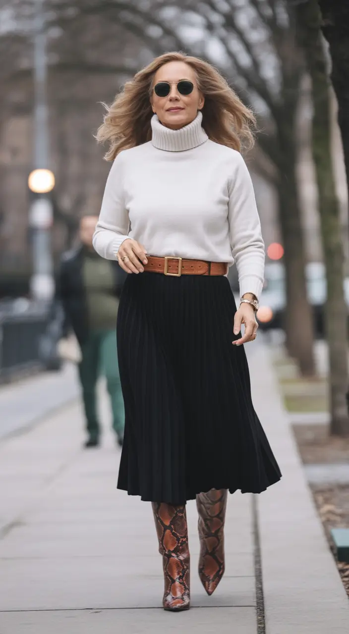 winter outfits for women over 40 ideas 2025 - 2026 Monochrome Elegance With Snake Print Flair