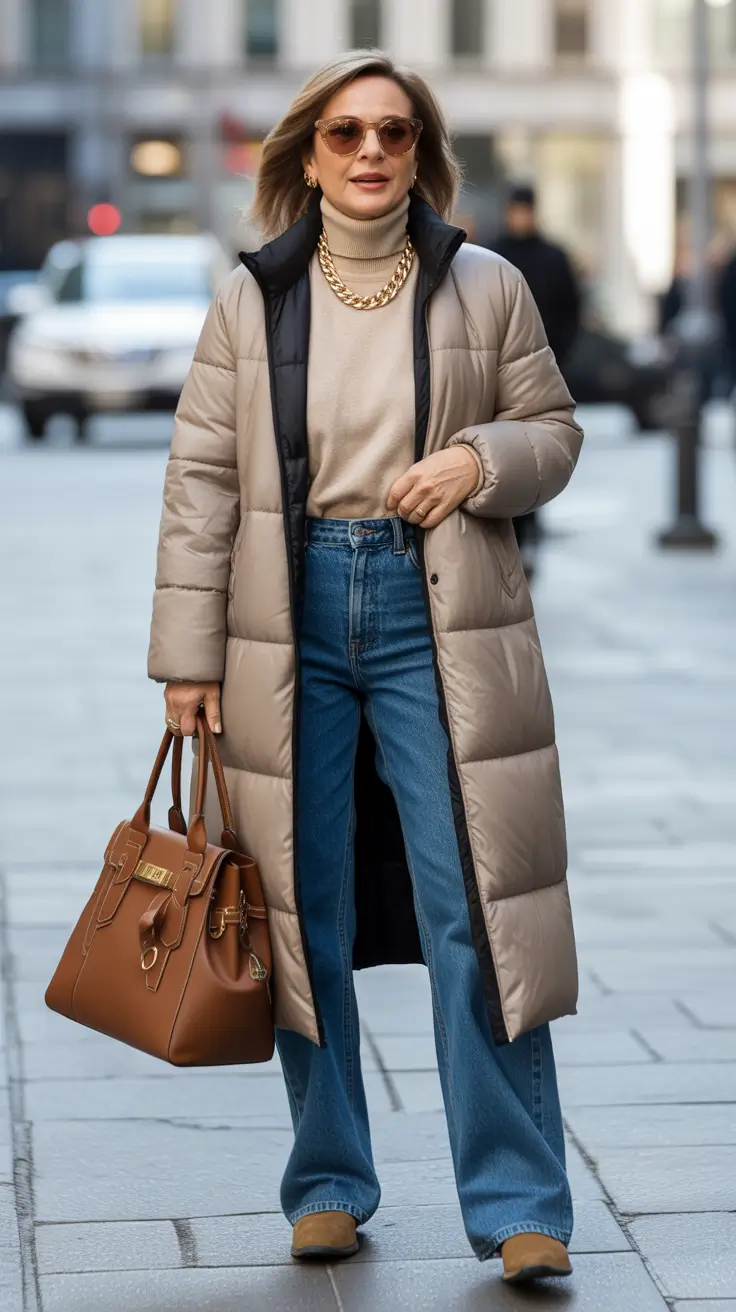 winter outfits for women over 40 ideas 2025 - 2026 Puffer Chic Meets City Comfort