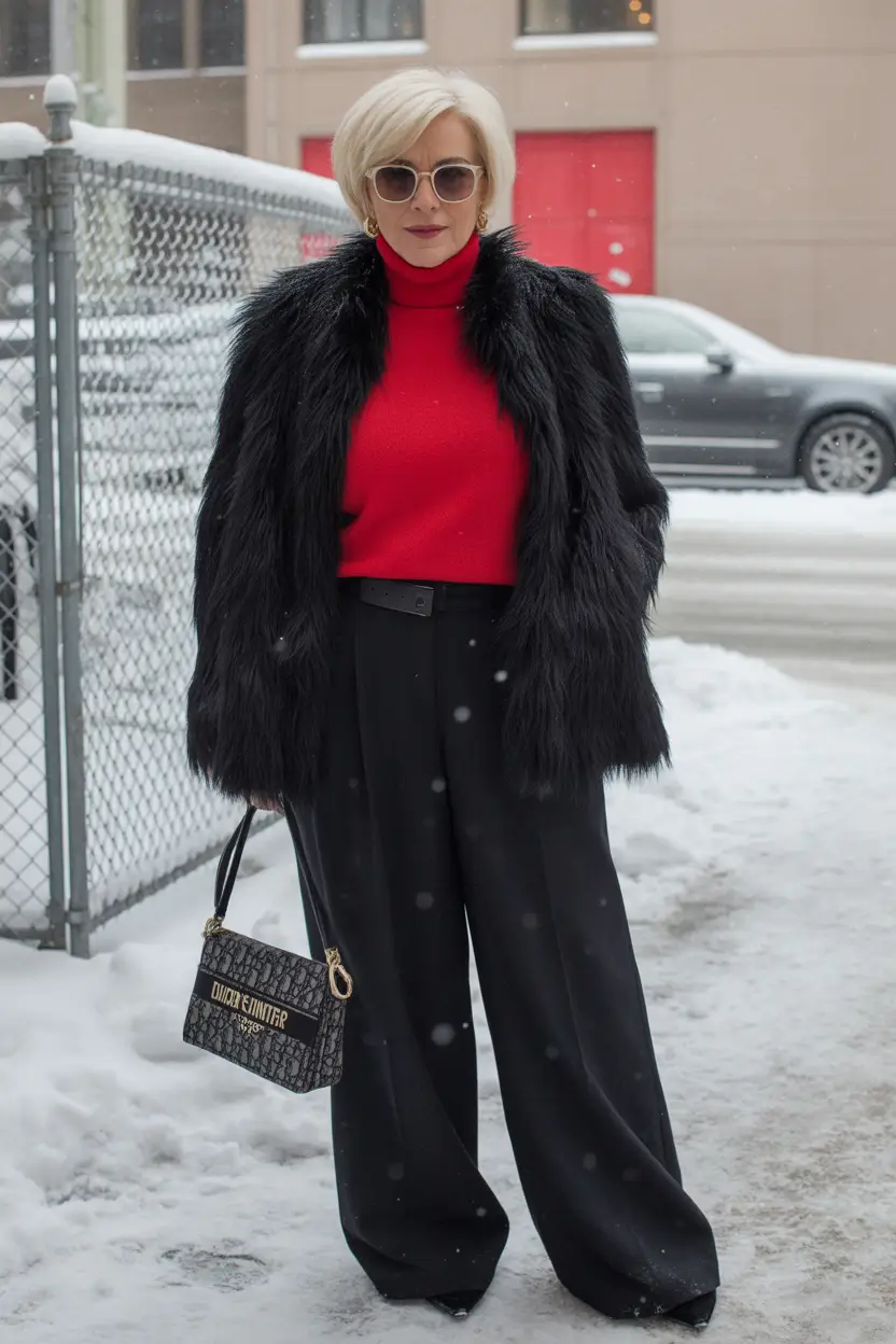 winter outfits for women over 40 ideas 2025 - 2026 Faux Fur Drama in Red and Black