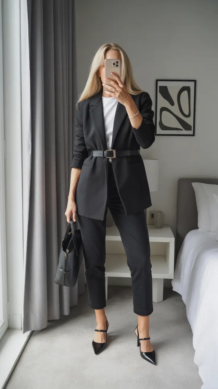 winter outfits for women over 40 ideas 2025 - 2026 Black Tailoring With a Bold Edge