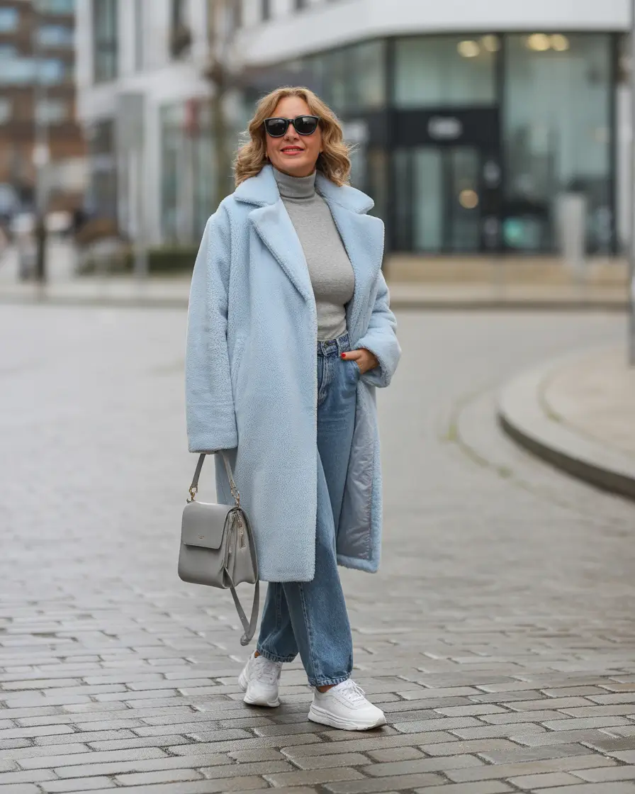 winter outfits for women over 40 ideas 2025 - 2026 Powder Blue Layers for a Fresh Winter Glow