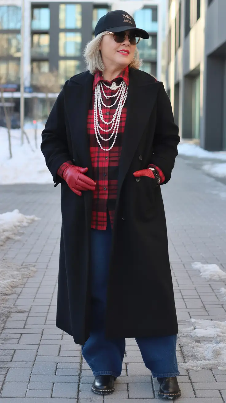 winter outfits for women over 40 ideas 2025 - 2026 Plaid and Pearls: A Bold Classic Reimagined