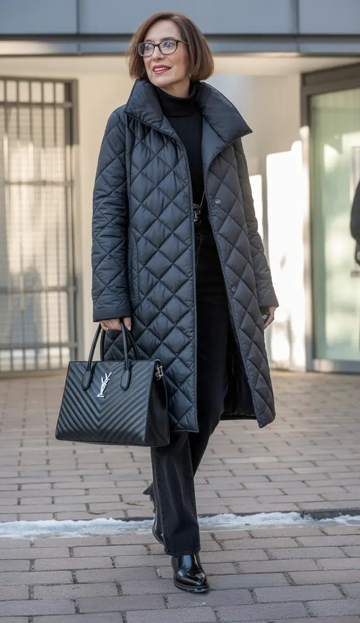 winter outfits for women over 40 ideas 2025 - 2026 Quilted Black for Effortless Business Casual