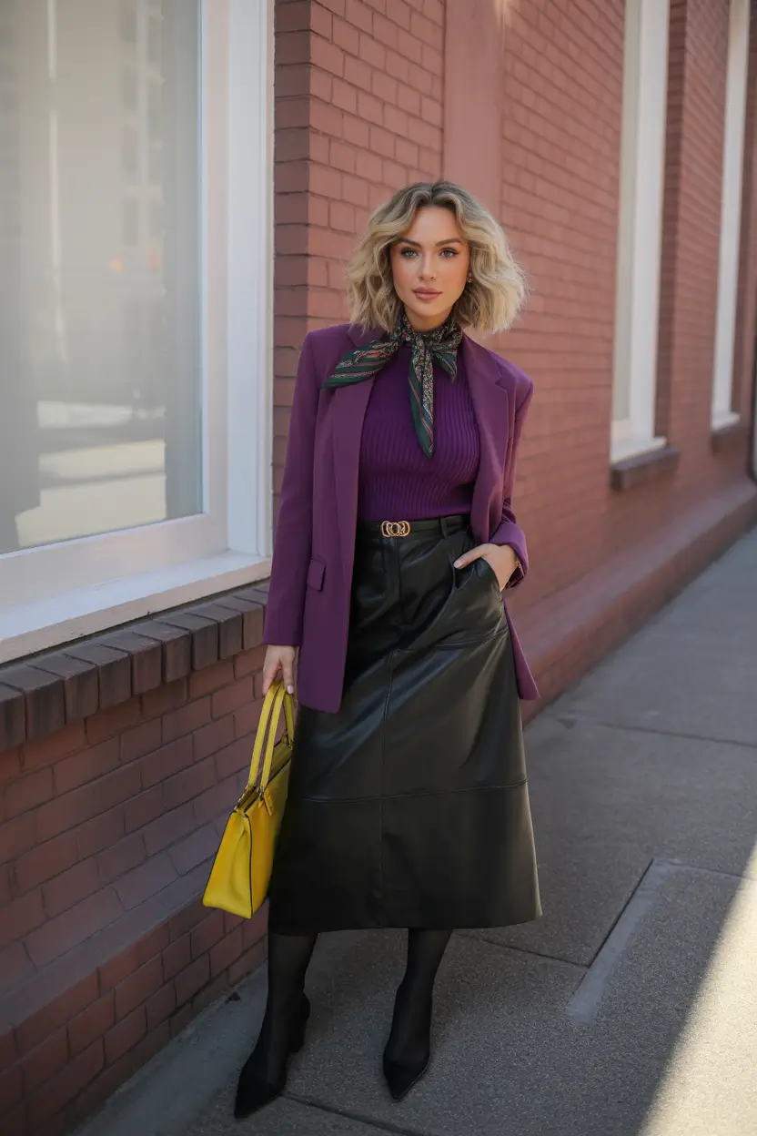 winter outfits inspiration women Plum Power and Leather Elegance