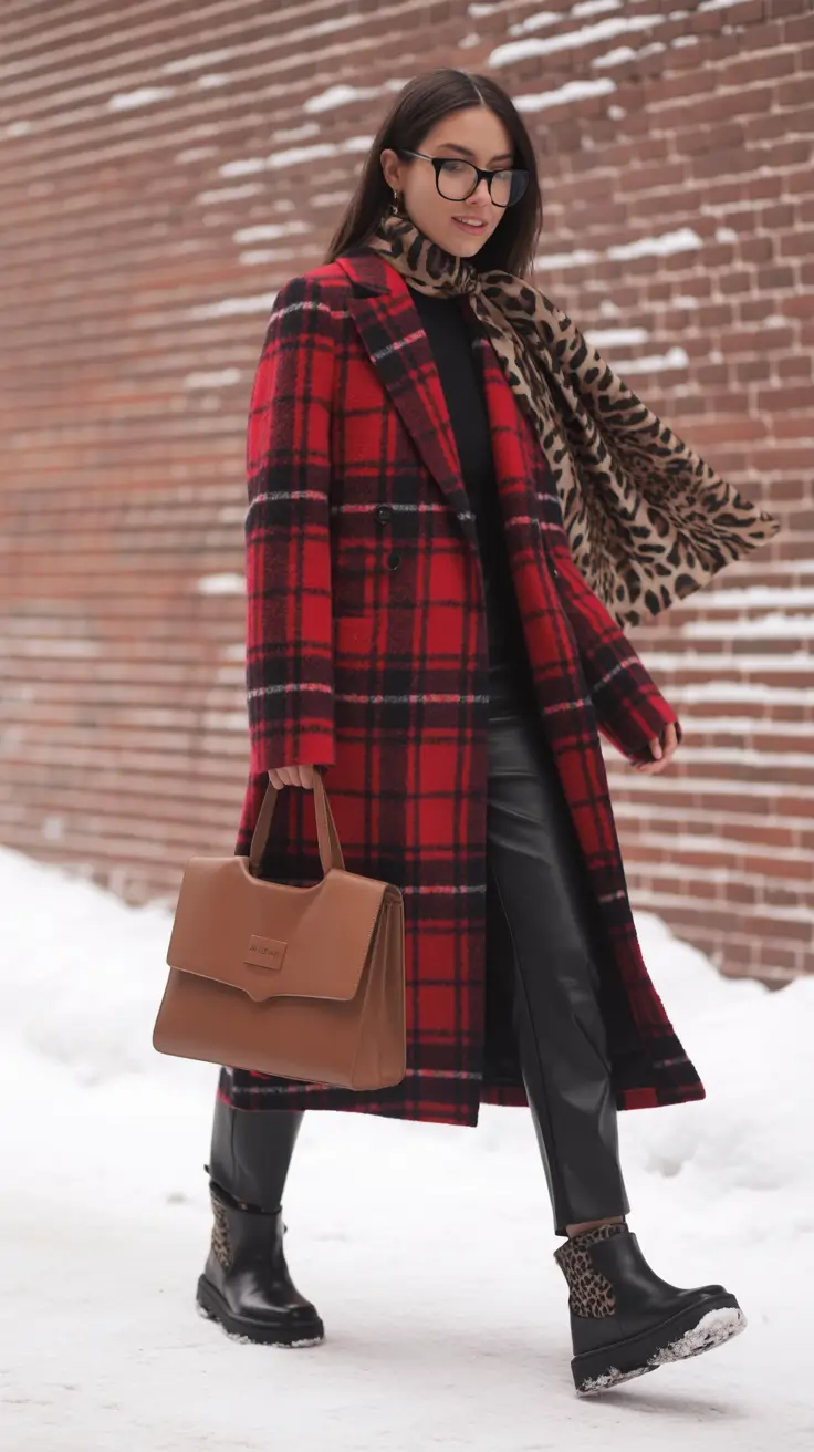 winter outfits inspiration casual Red Check and Leopard Play