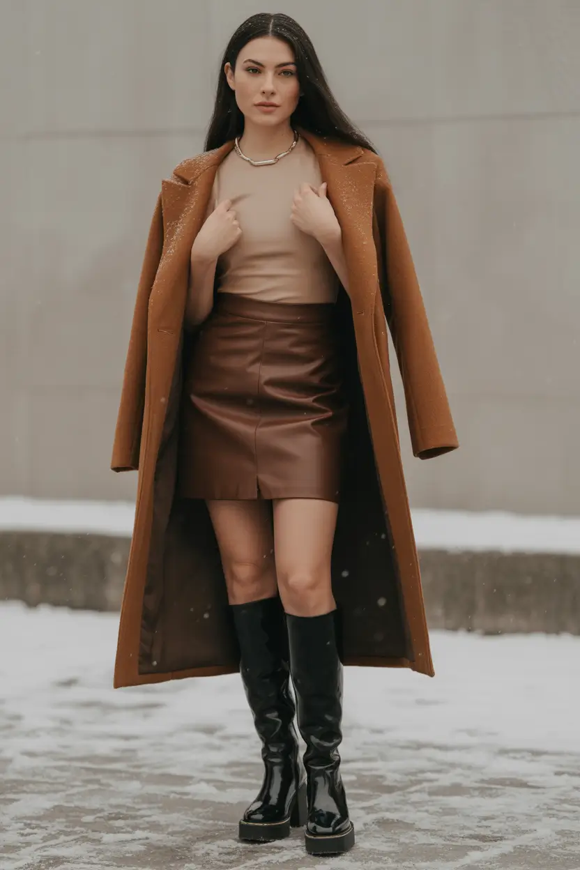 winter outfits inspiration old money Leather Mini and Camel Coat