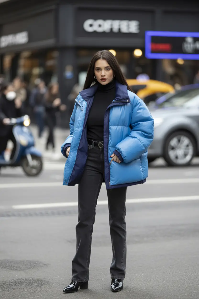 winter outfits inspiration casual Blue Puffer Balance