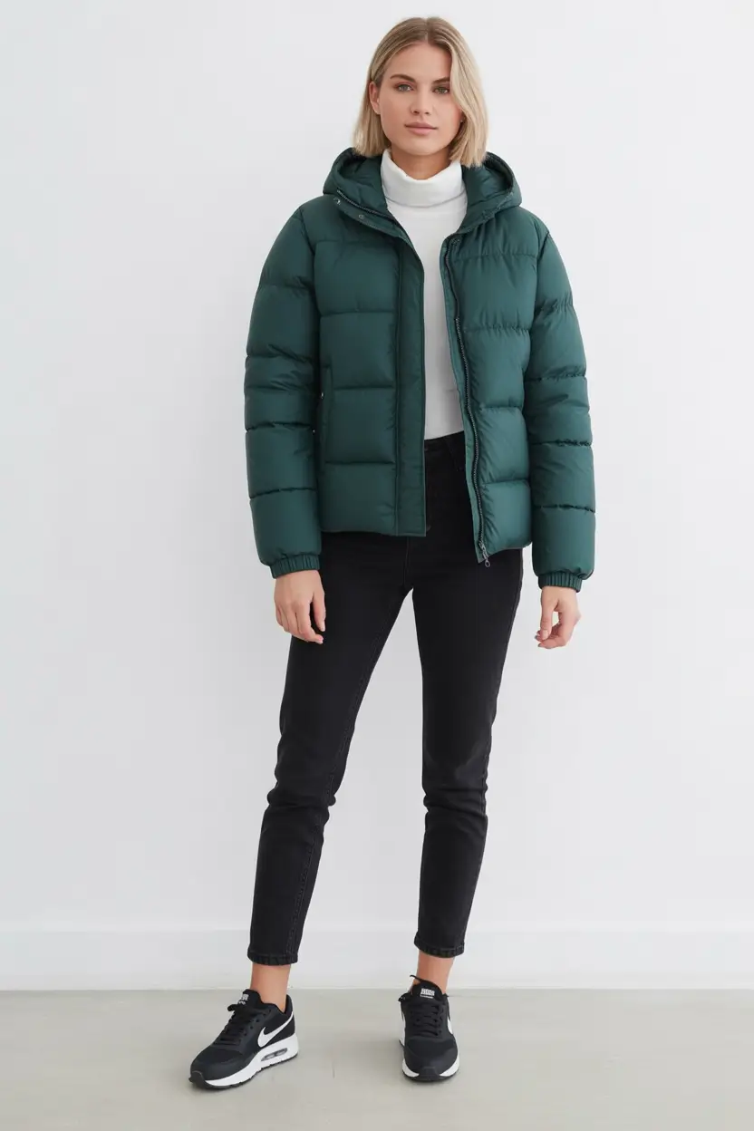 puffer jacket outfit aesthetic Minimalist Confidence in Green