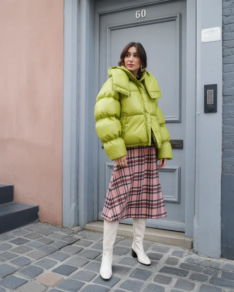 puffer jacket outfit aesthetic Playful Pink Plaid and Lime