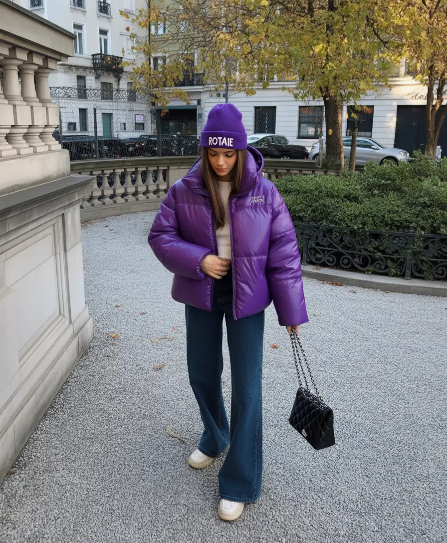 puffer jacket outfit aesthetic Purple Energy with Wide Denim