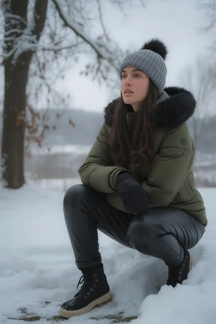 puffer jacket outfit aesthetic Frosty Forest Green