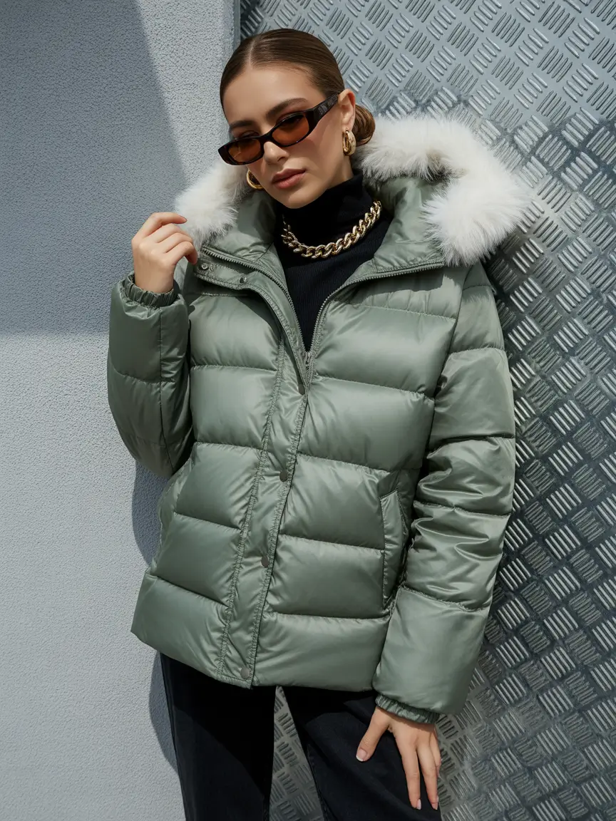 puffer jacket outfit aesthetic Mint Luxe with Fur Detail