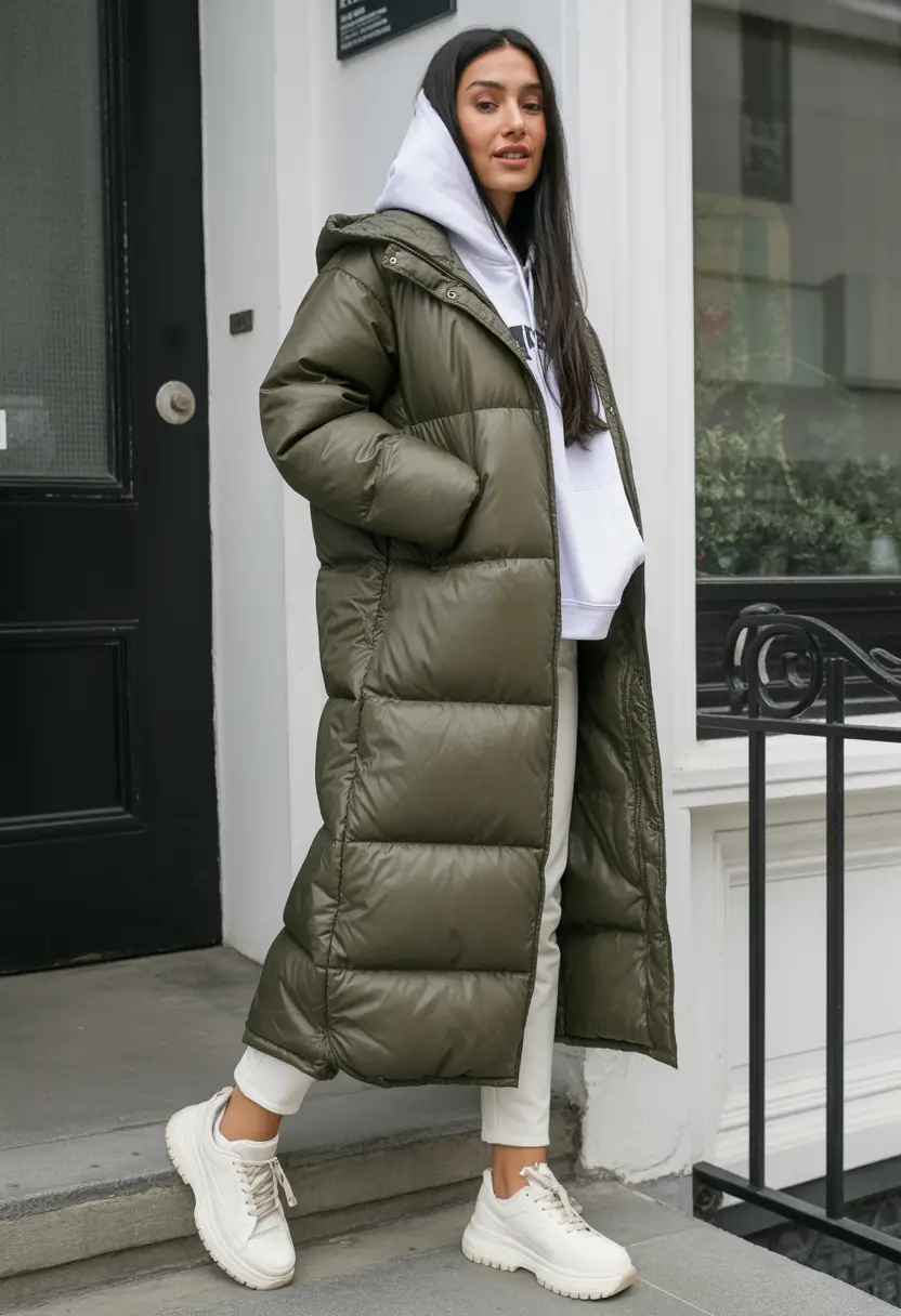 puffer jacket outfit winter style Street Cool in Long Olive