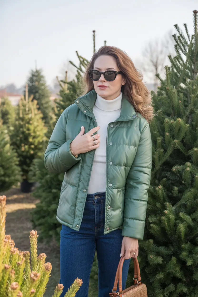 puffer jacket outfit aesthetic Classic Green and Denim Freshness