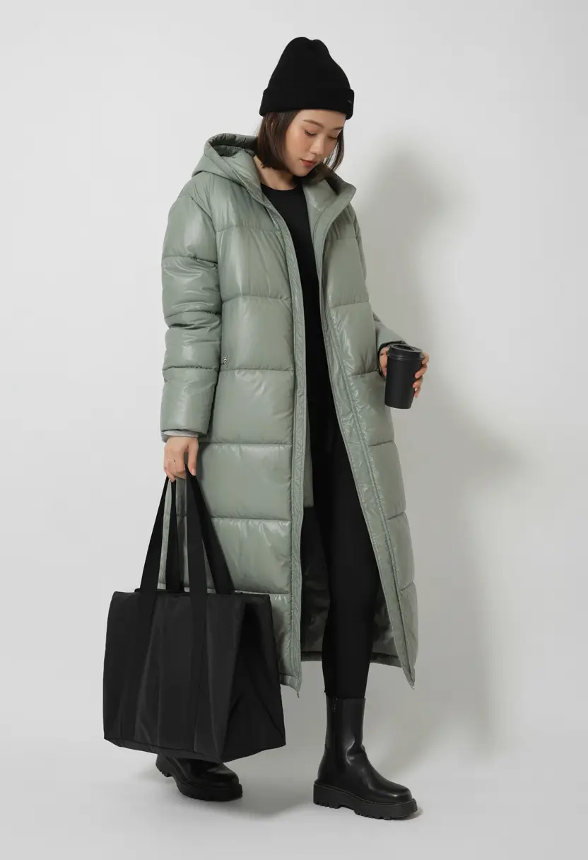 puffer jacket outfit winter style Long Minimal in Sage