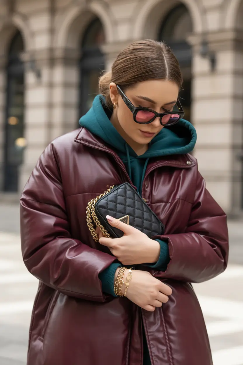 puffer jacket outfit aesthetic Burgundy Street Luxe