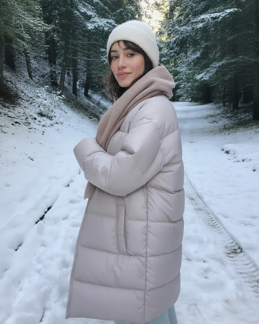 puffer jacket outfit aesthetic Snowy Cream Serenity