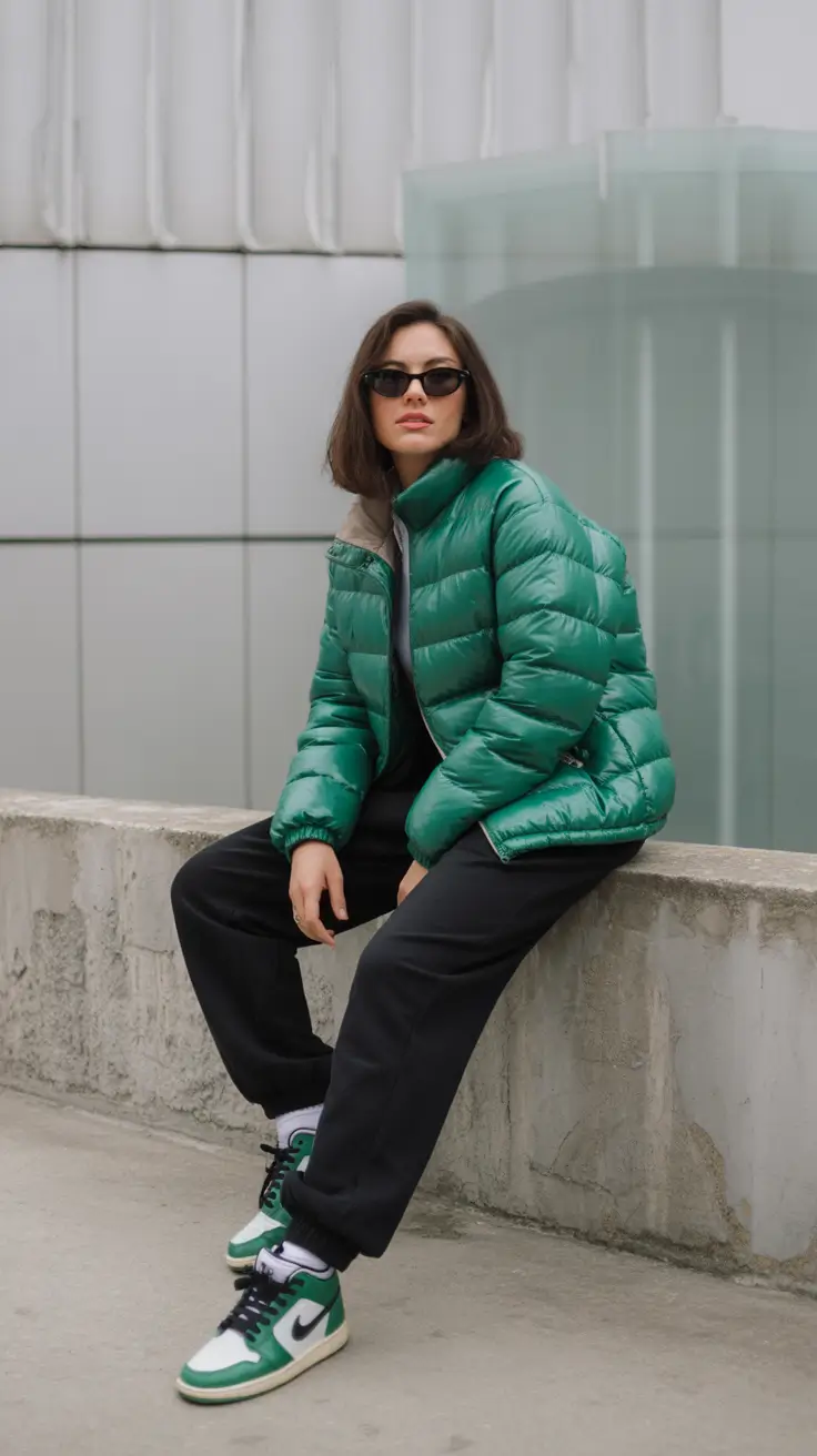 puffer jacket outfit aesthetic Sporty Edge in Green