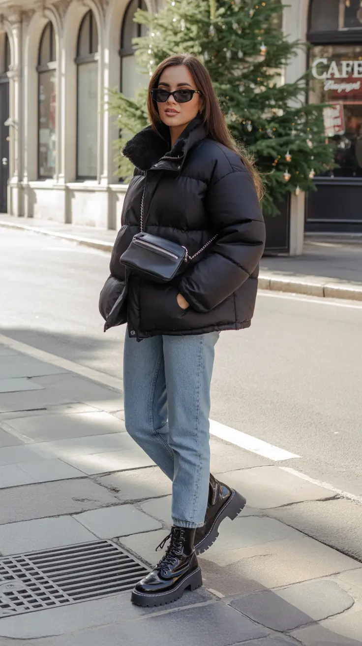 puffer jacket outfit black Chic in Black and Denim