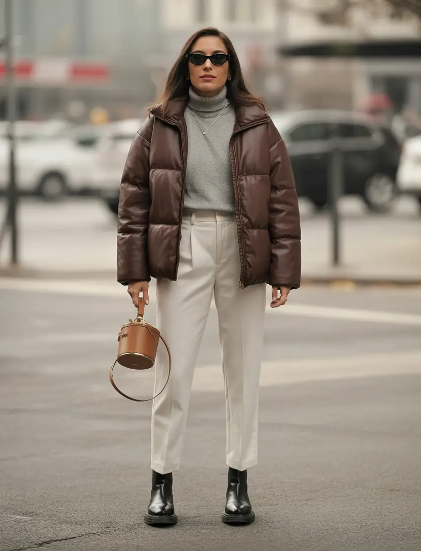 puffer jacket outfit brown Refined Contrast with Brown