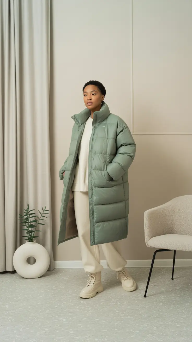 Women Capsule Wardrobe for Winter 2025 2026 Soft Sage Puffer for Urban Cool