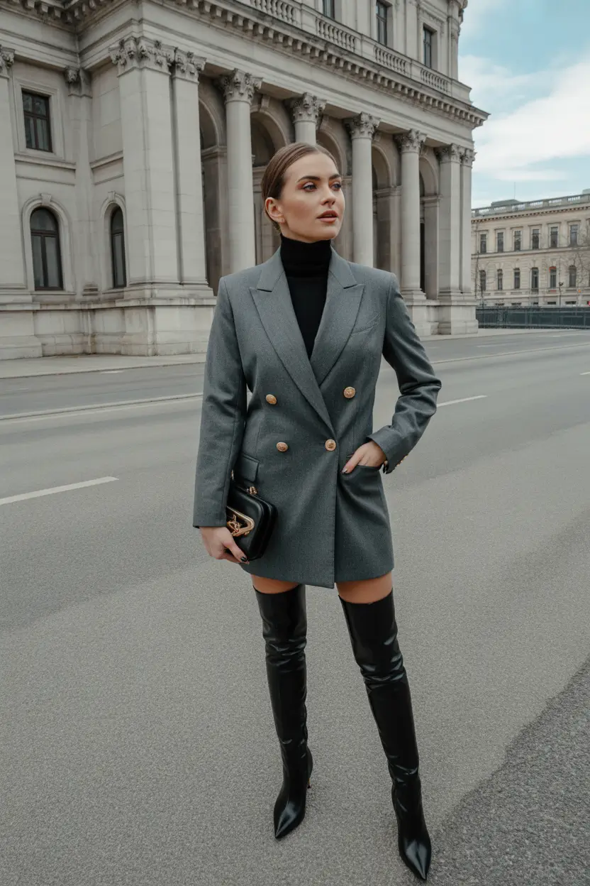 winter work outfits for women 2025 Sharp Blazer Dress with Over-the-Knee Boots