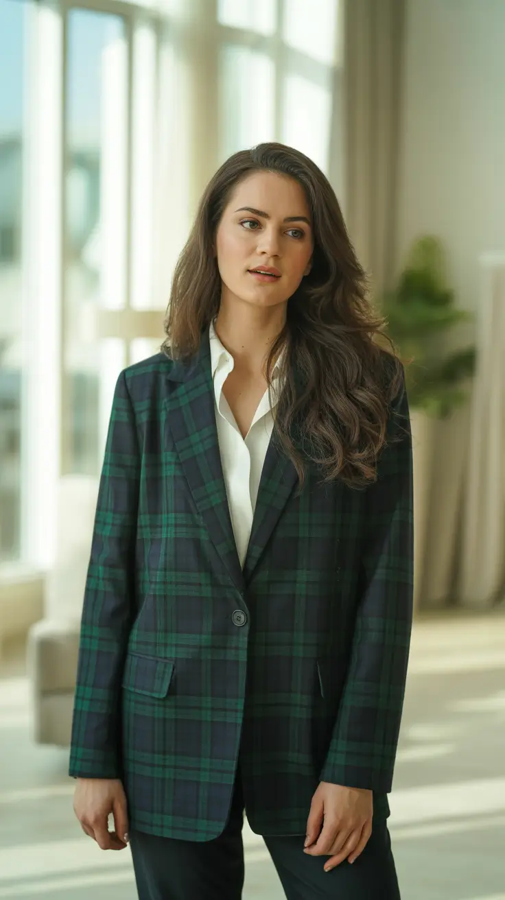 winter work outfits for women cold Green Plaid Blazer with Classic Shirt