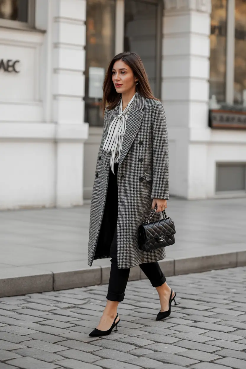 winter work outfits for women business Houndstooth Coat with Bow Blouse