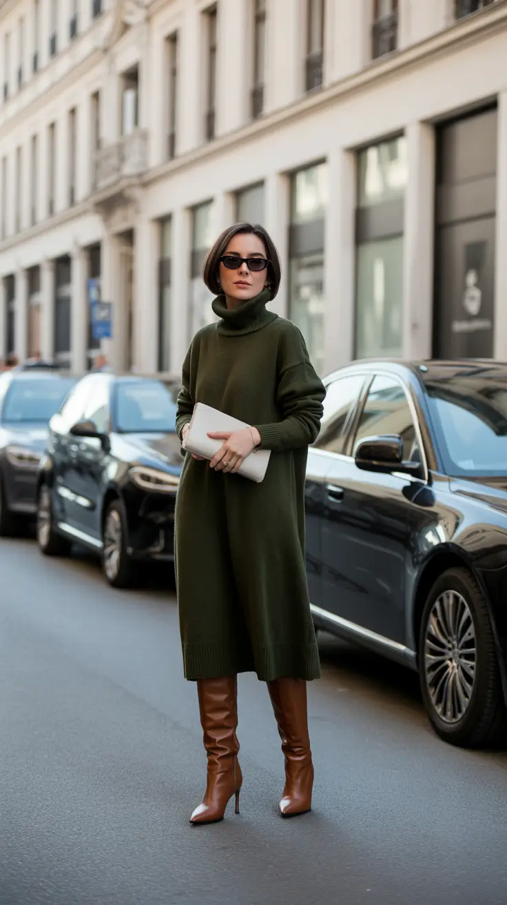 winter work outfits for women casual cold Cozy Turtleneck Dress with Boots