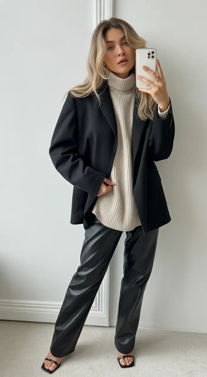 winter work outfits for women 2025 Oversized Blazer with Leather Pants