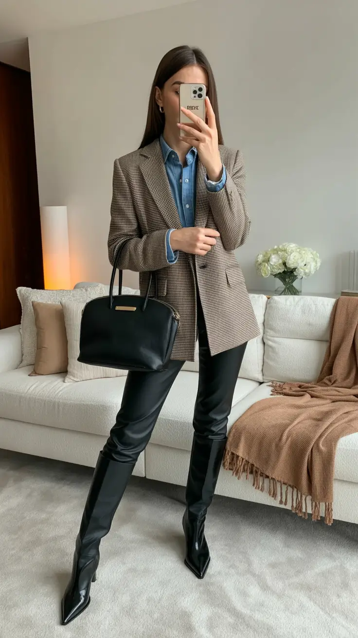 winter work outfits for women casual cold Blazer with Denim Shirt and Leather Boots